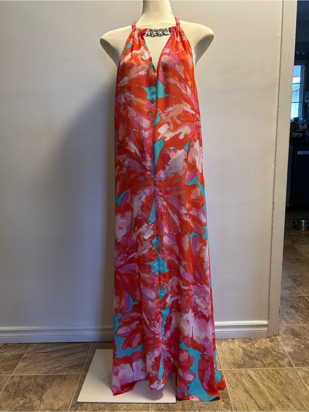 Cover Me swim Coral & Turquoise Halter Maxi Coverup with Chain Detail